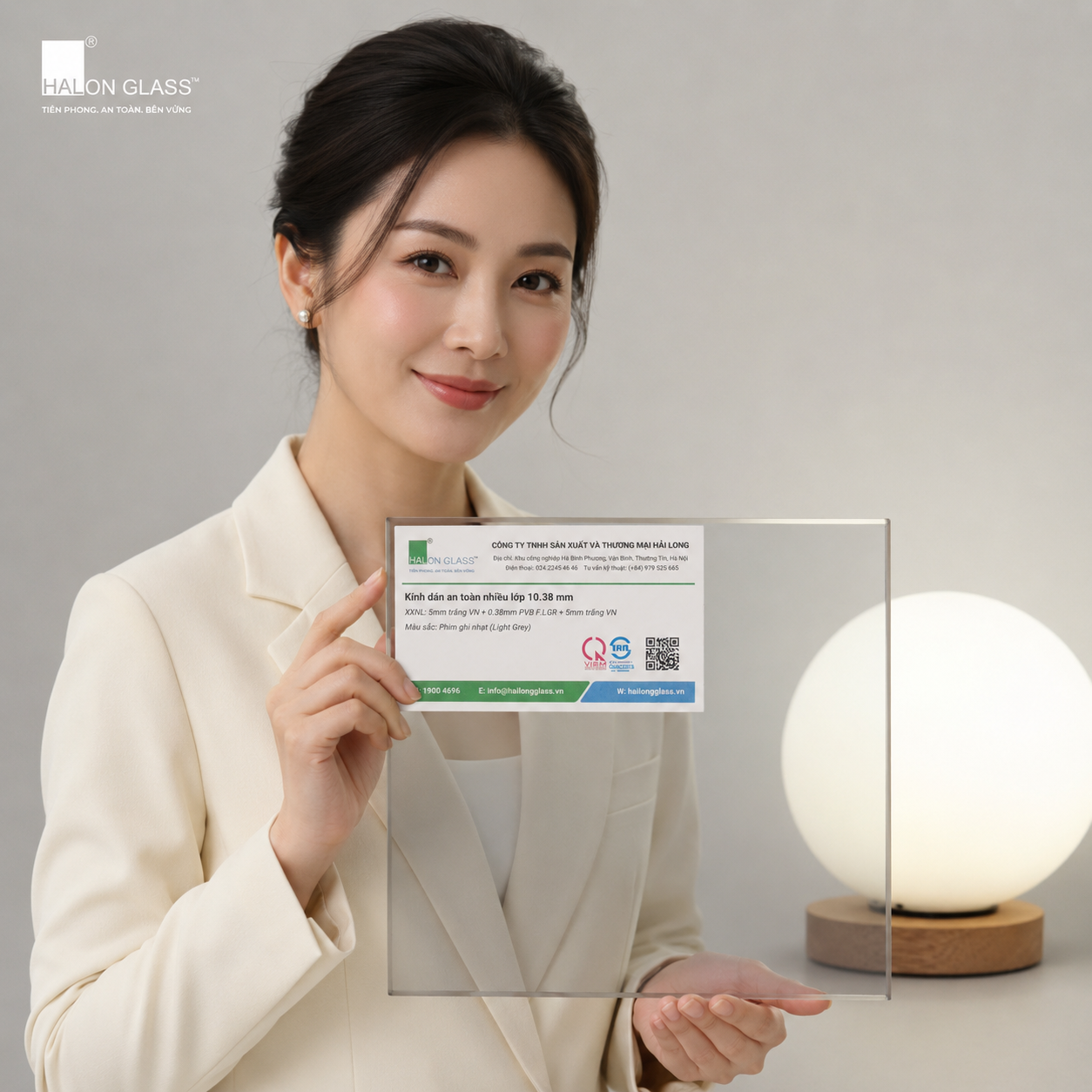 Người phụ nữ cầm tấm kính an toàn nhiều lớp Halon Glass trong suốt trước nền sáng